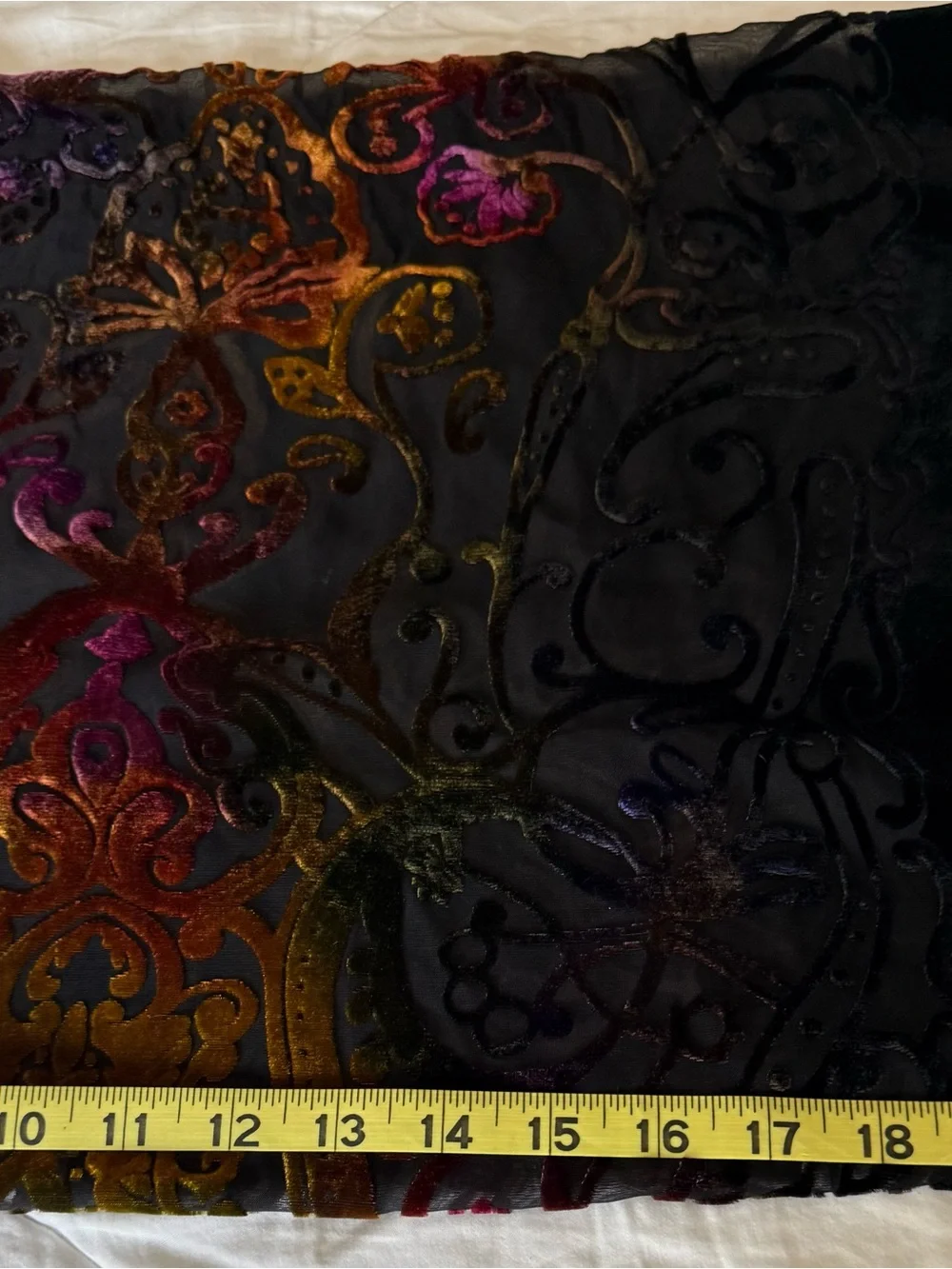 Black Silk Velvet Burnout Scarf with mustard/magenta/violet Baroque Pattern